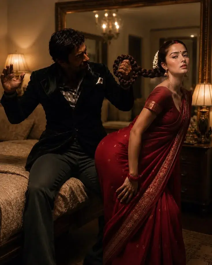 Dramatic Cinematic Vintage Bedroom Portrait Of South Asian Couple With Man Holding Woman's Long Braided Hair In Red Sare