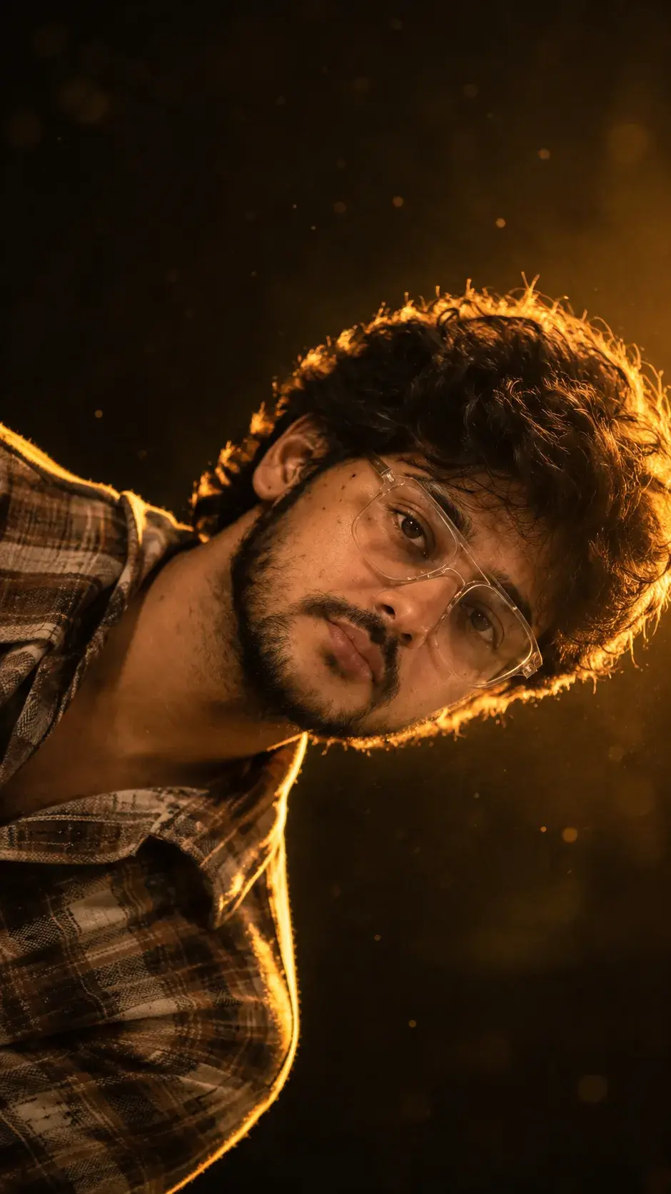 Dramatic, Moody Vertical Night Portrait Of A Young Man In His Early 20s With Wavy Black Hair With A Glowing Light.