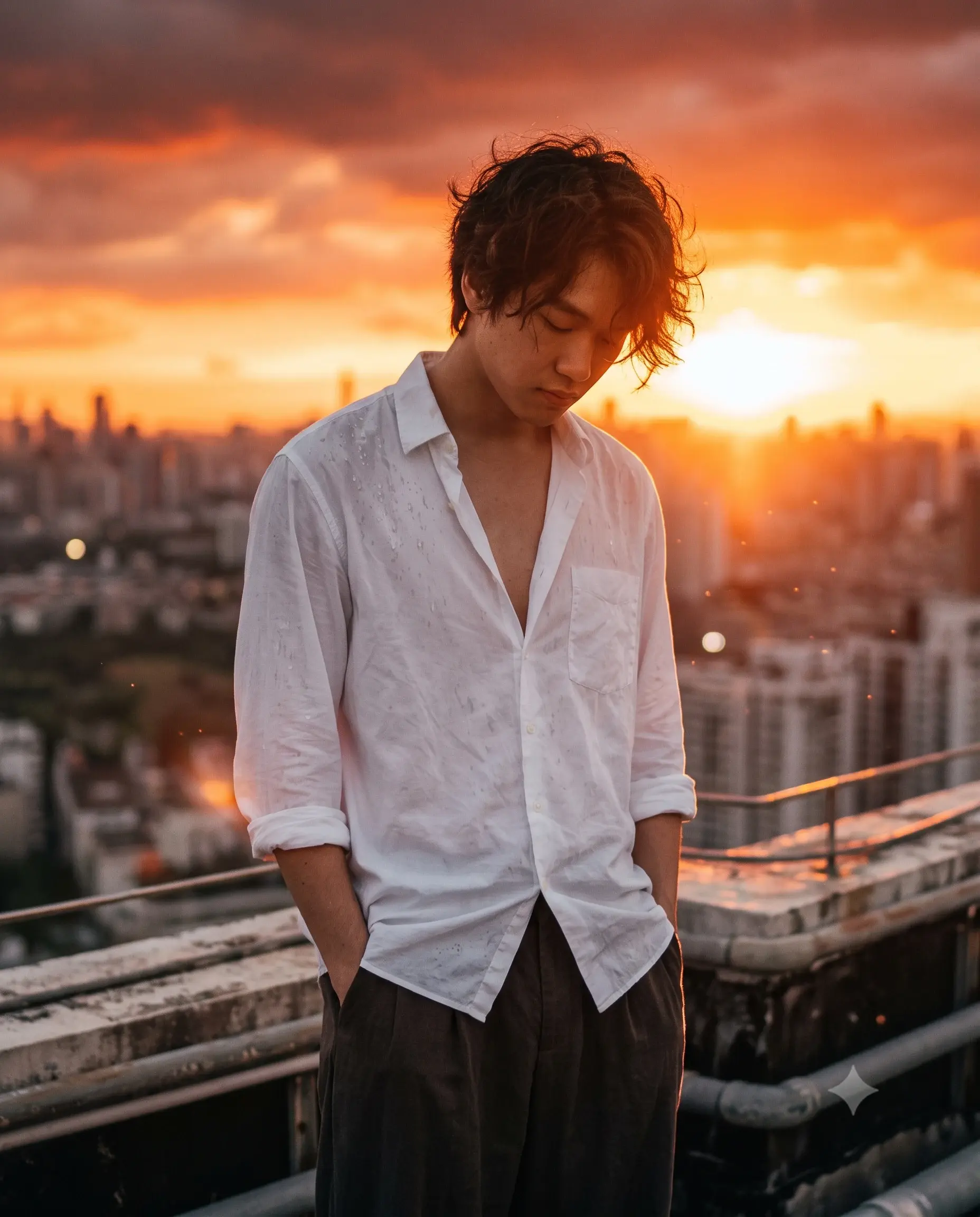 Dramatic Sunset Rooftop Contemplative Portrait Prompt
