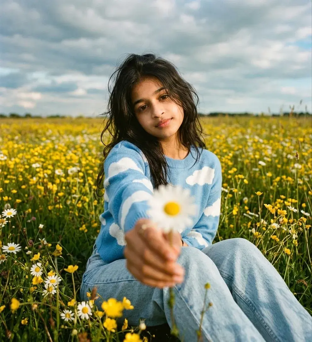 Dreamy Meadow Female Portrait Offering Daisy In Blue Cloud Knit Sweater Prompt