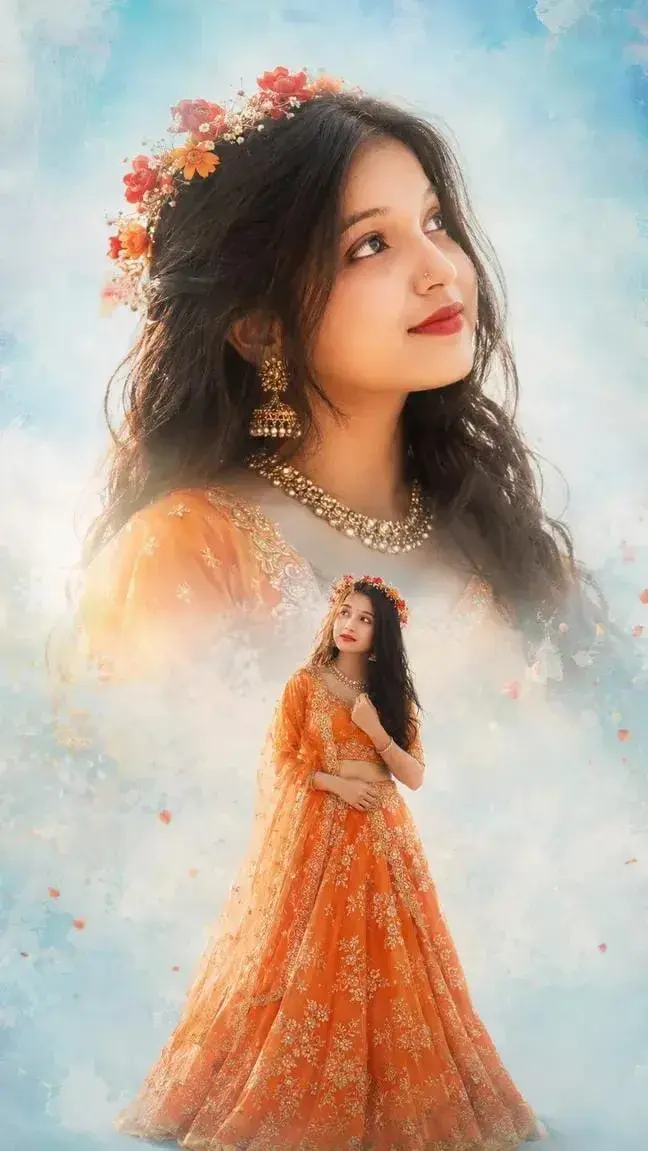 Dreamy Orange Lehenga Floral Portrait