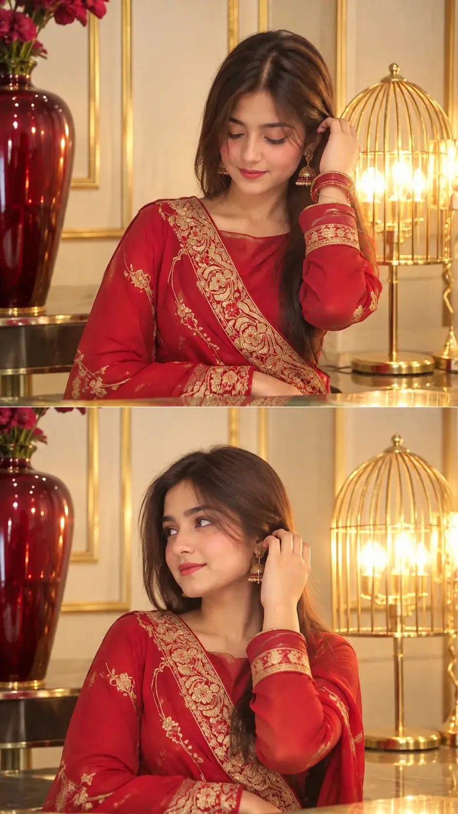 Dreamy Two-Panel Portrait Of A South Asian Woman In Red And Gold Traditional Outfit