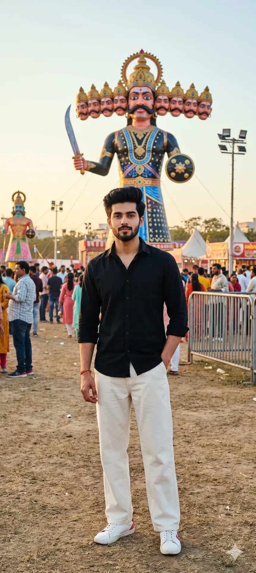 Dussehra Festival Portrait: Young Man Standing Before Giant Ravana Effigy At Sunset