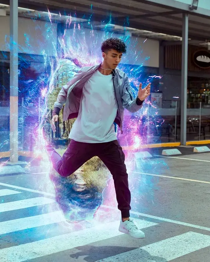 Dynamic Sci-Fi Street Portrait Of South Asian Man Leaping Through Glowing Holographic Portal On Crosswalk