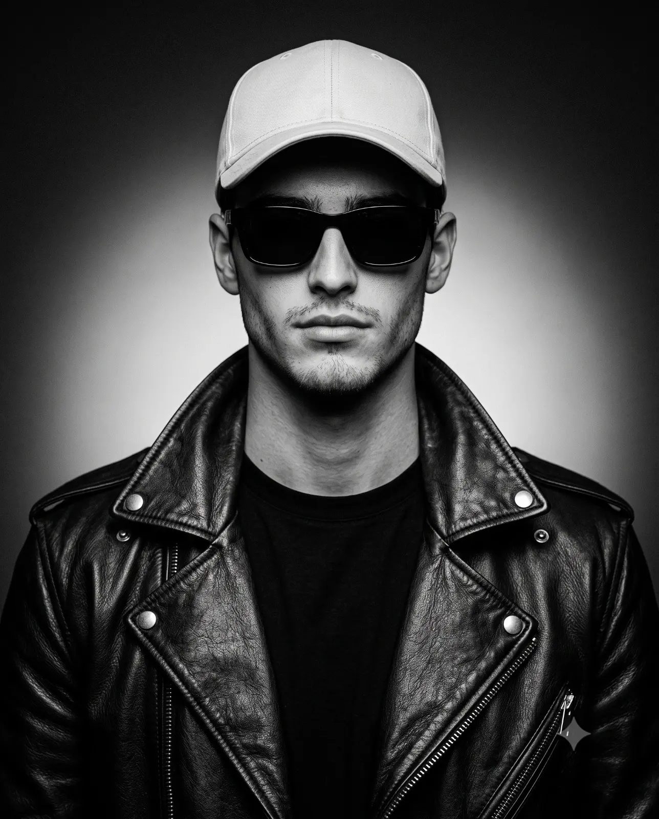 Edgy Man In Leather Jacket B&w Portrait