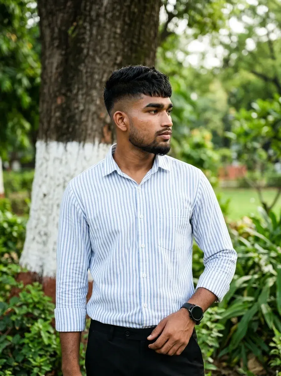 Elegant Garden Park Male Portrait In Blue Pinstripe Shirt Prompt