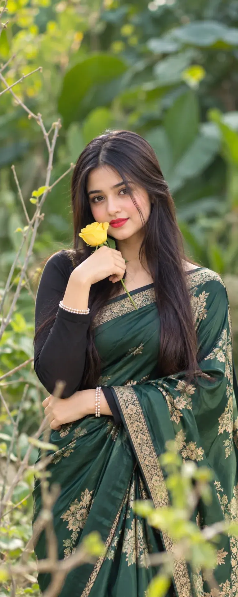 🌹💚 Elegant Green Saree Portrait – Yellow Rose & Natural Garden Photography