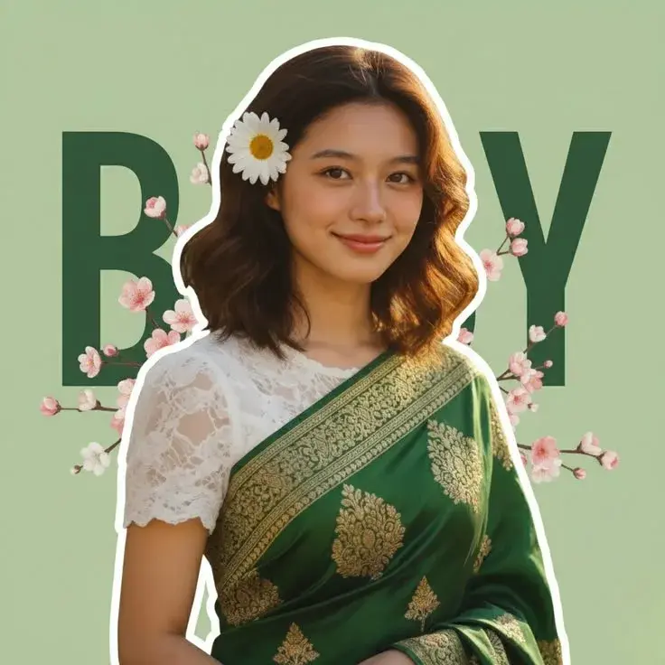 Elegant Green Saree – Spring Blossom Portrait