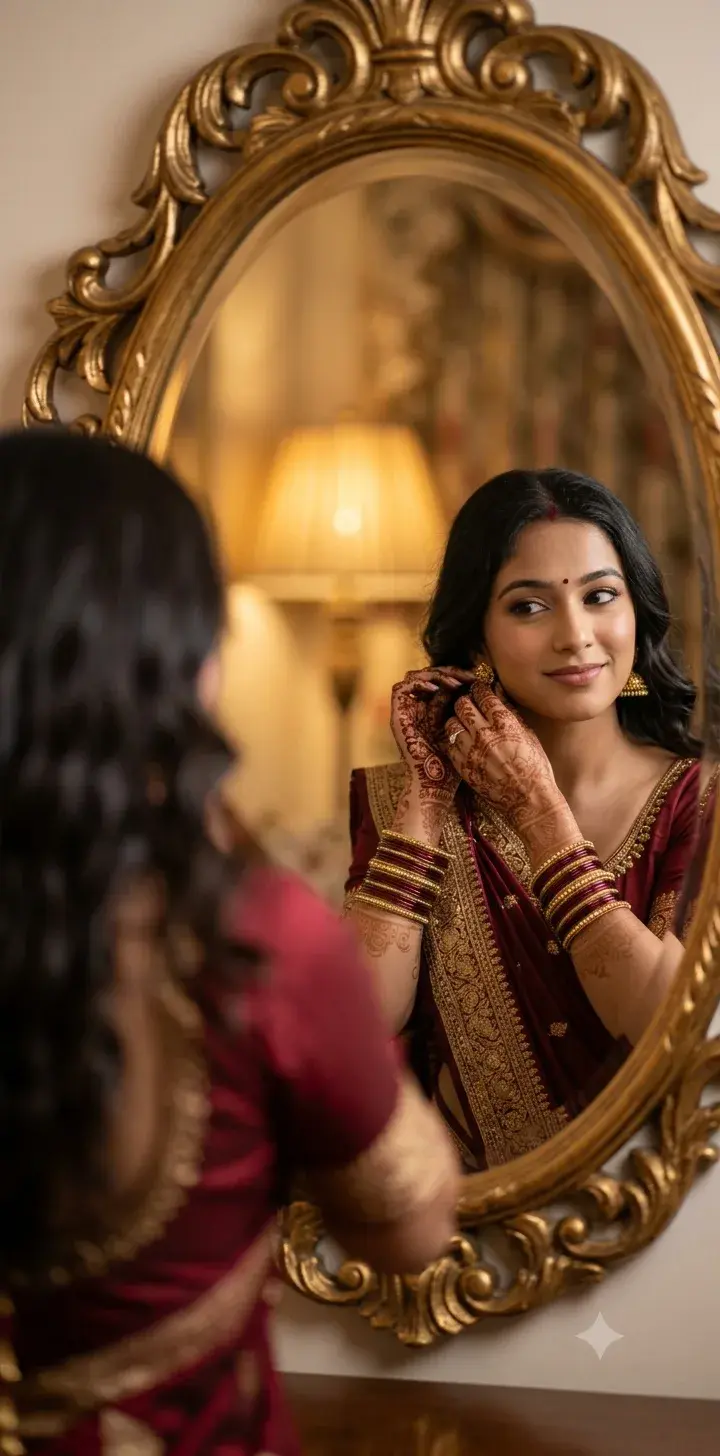 ✨ Elegant Indian Bridal Mirror Portrait | Maroon Saree & Gold Jhumka Aesthetic