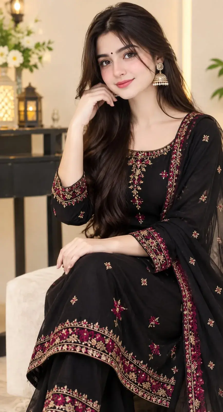 Elegant Indian Girl In A Black Embroidered Suit