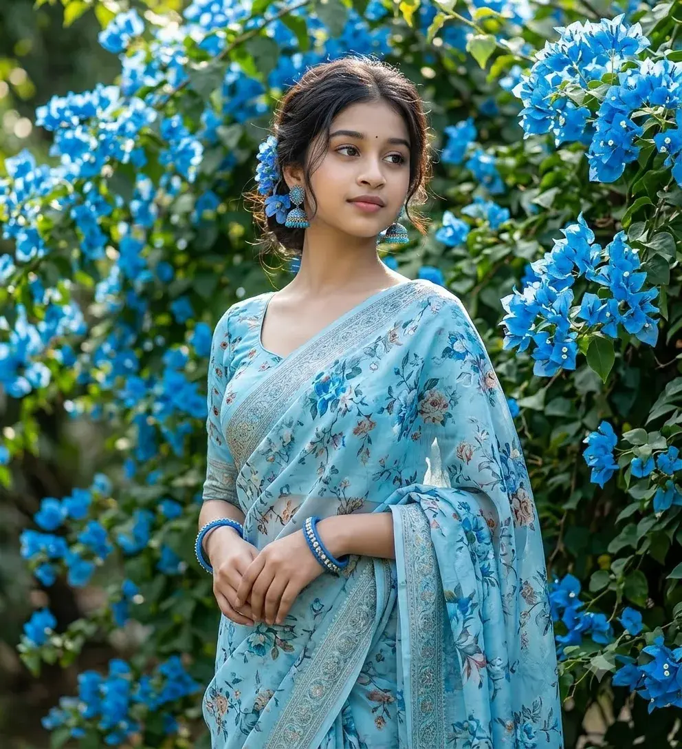 Elegant Indian Woman In Floral Saree With Blue Bougainvillea Prompt