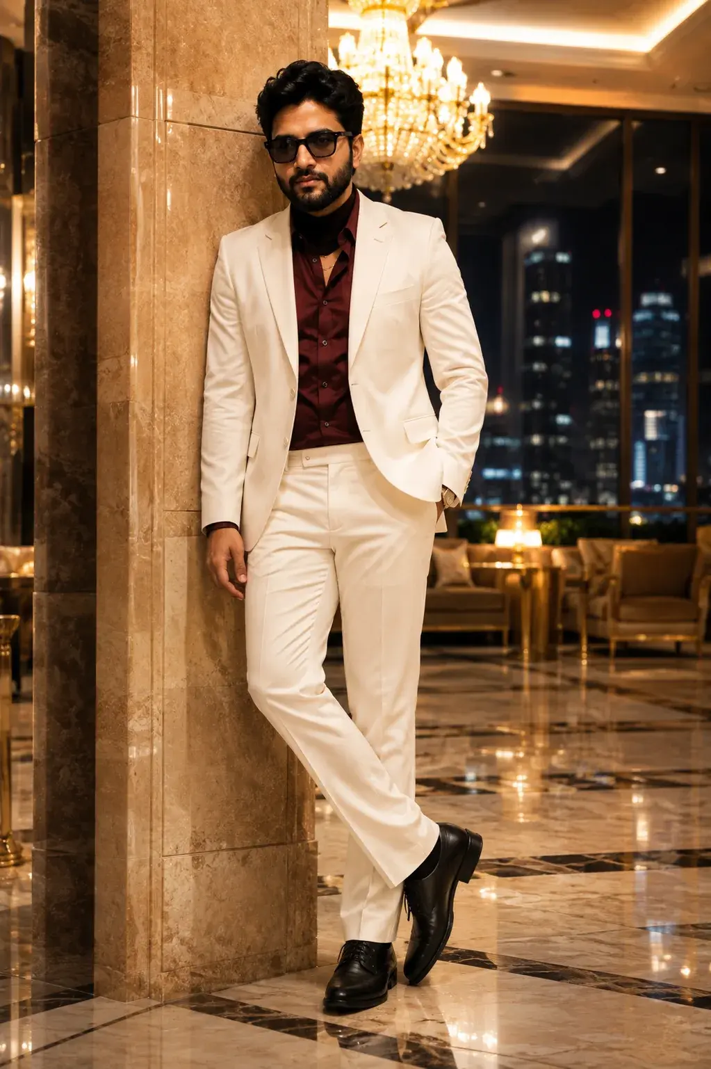 Elegant Man In A Marble Hotel Lobby