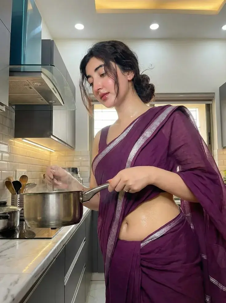 Elegant Purple Saree Cooking Moment | Natural Indian Kitchen Portrait