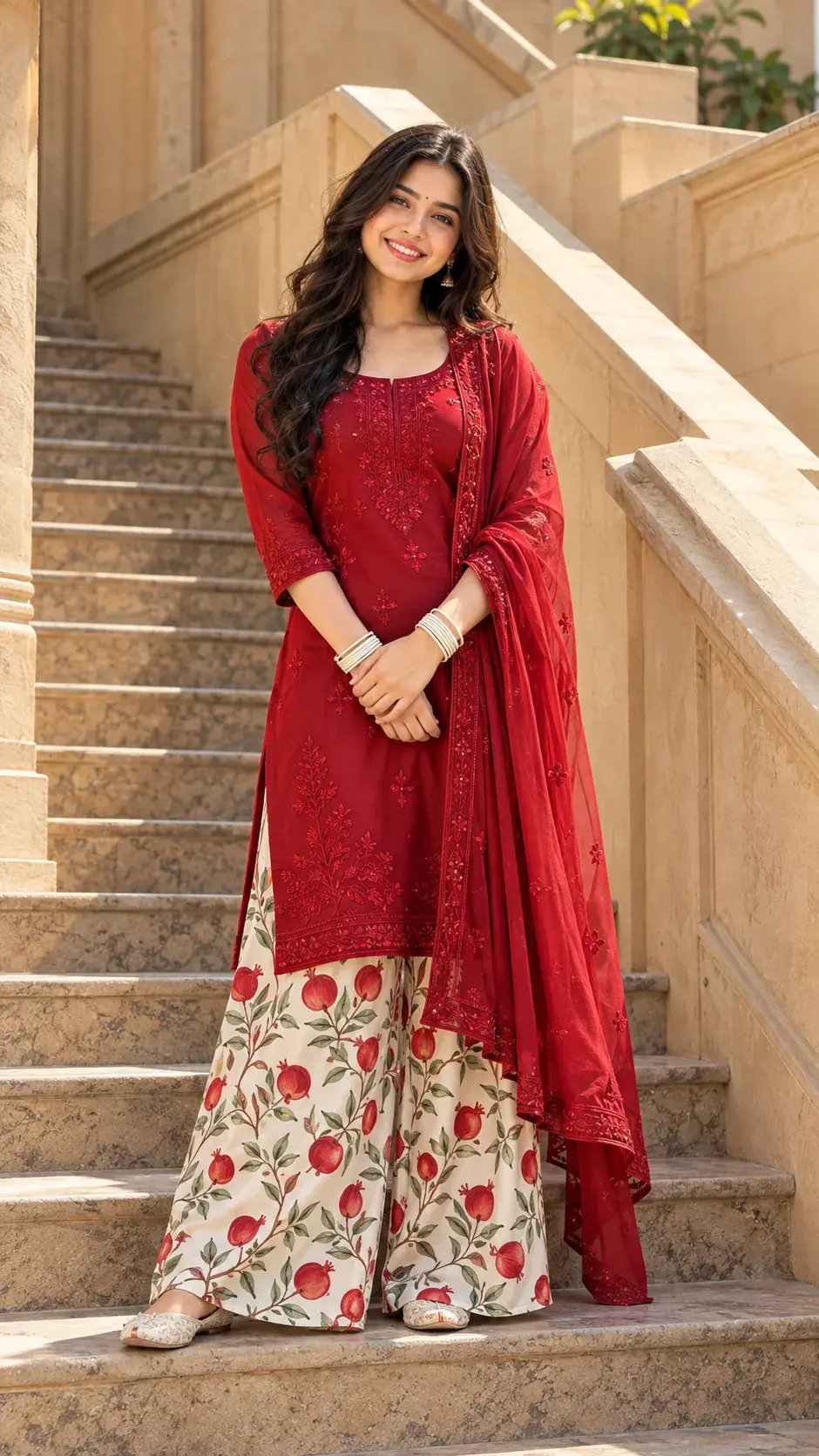 Elegant Red Ethnic Fashion Portrait Of A Smiling Woman On Stone Stairs ❤️✨