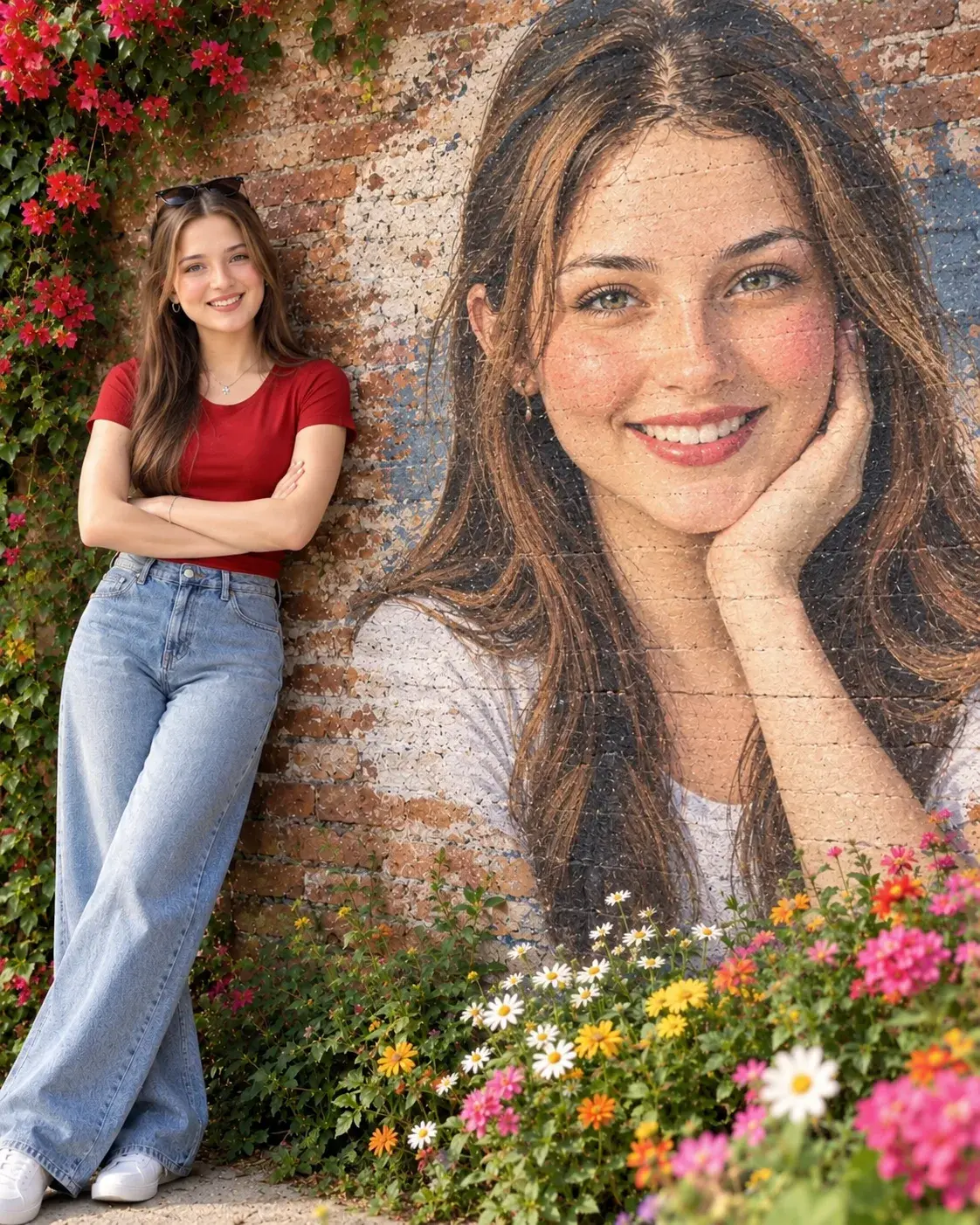 Elegant Red Outfit — Floral Brick Wall Portrait 😍