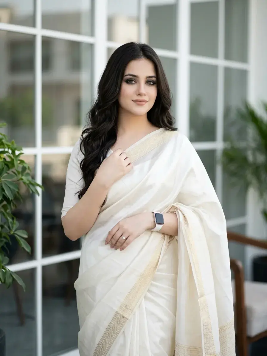 Elegant White Saree Smoky Makeup Portrait
