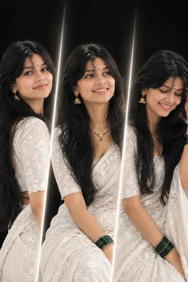 Elegant White Saree Three-Panel Fashion Portrait