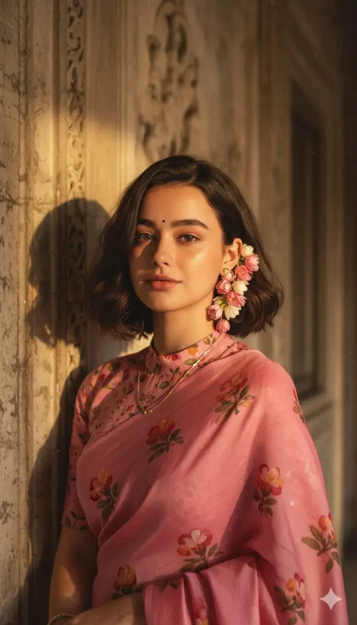 Elegant Woman In Floral Pink Saree With Jasmine Ear Cuffs