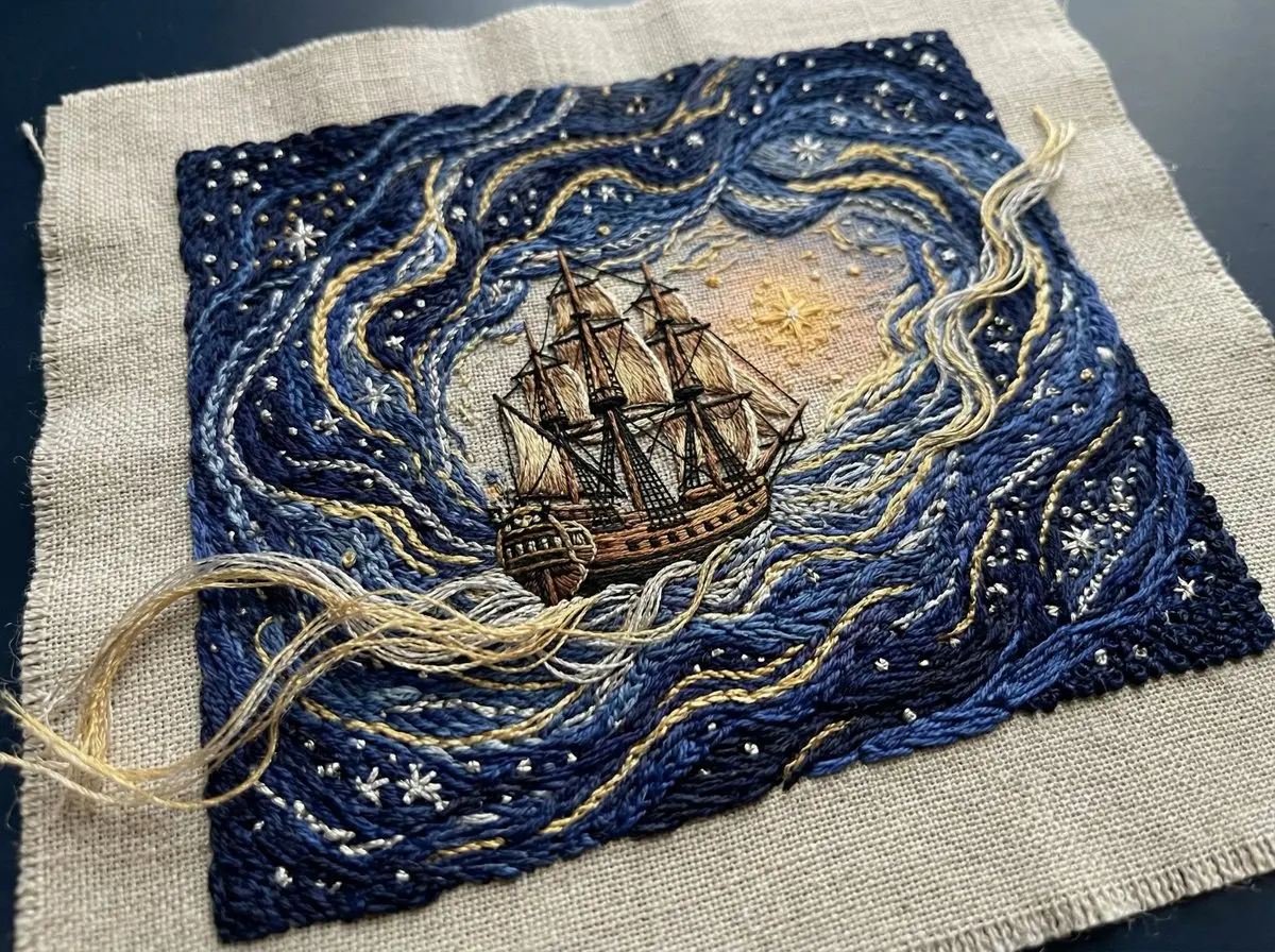 Embroidered Tapestry: Sailing Ship In Nebula Sea