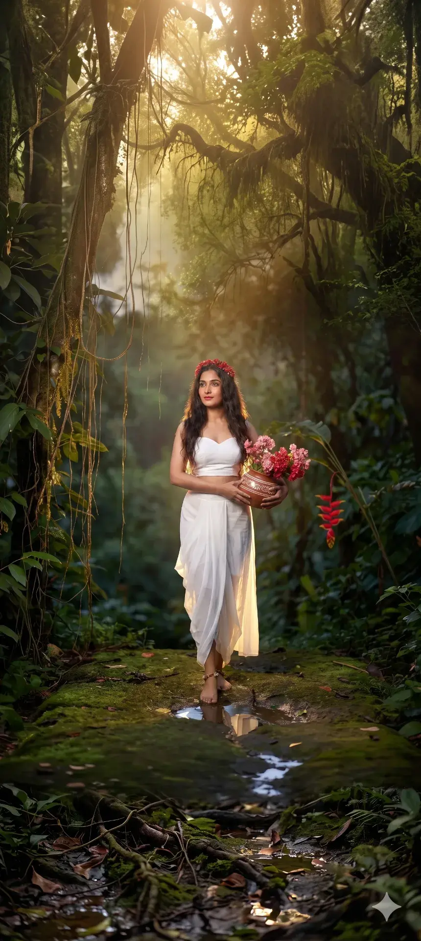 Enchanted Forest Goddess: Young Woman With Terracotta Floral Pot At Mystical Stream