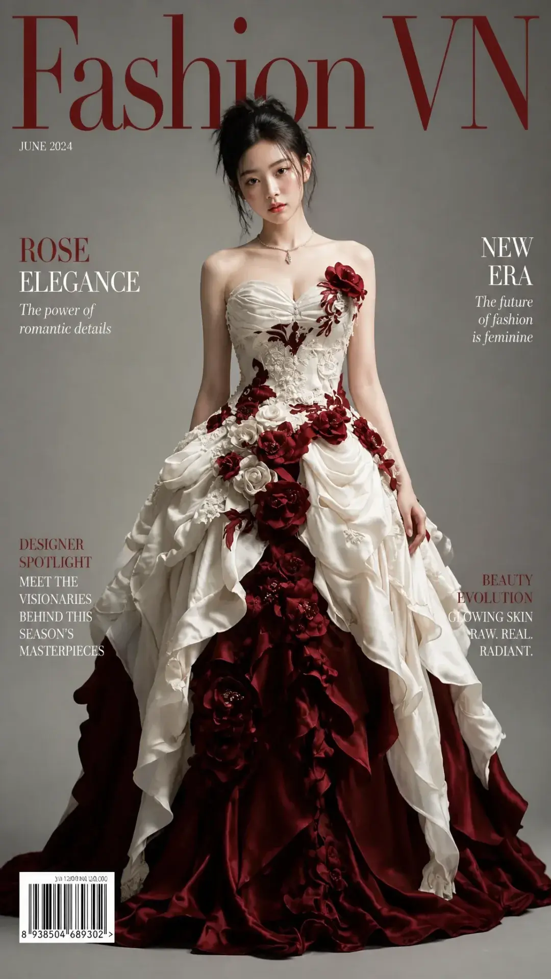 Fashion Vn Magazine Cover Editorial Magazine Cover Prompt With Exact Reference Face, Ivory Burgundy Ruffled Dress, Raw P