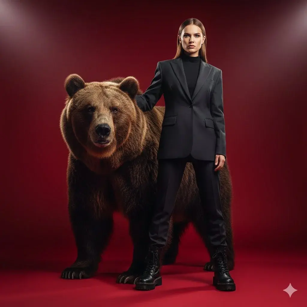 Fashionable Woman Posing With Bear