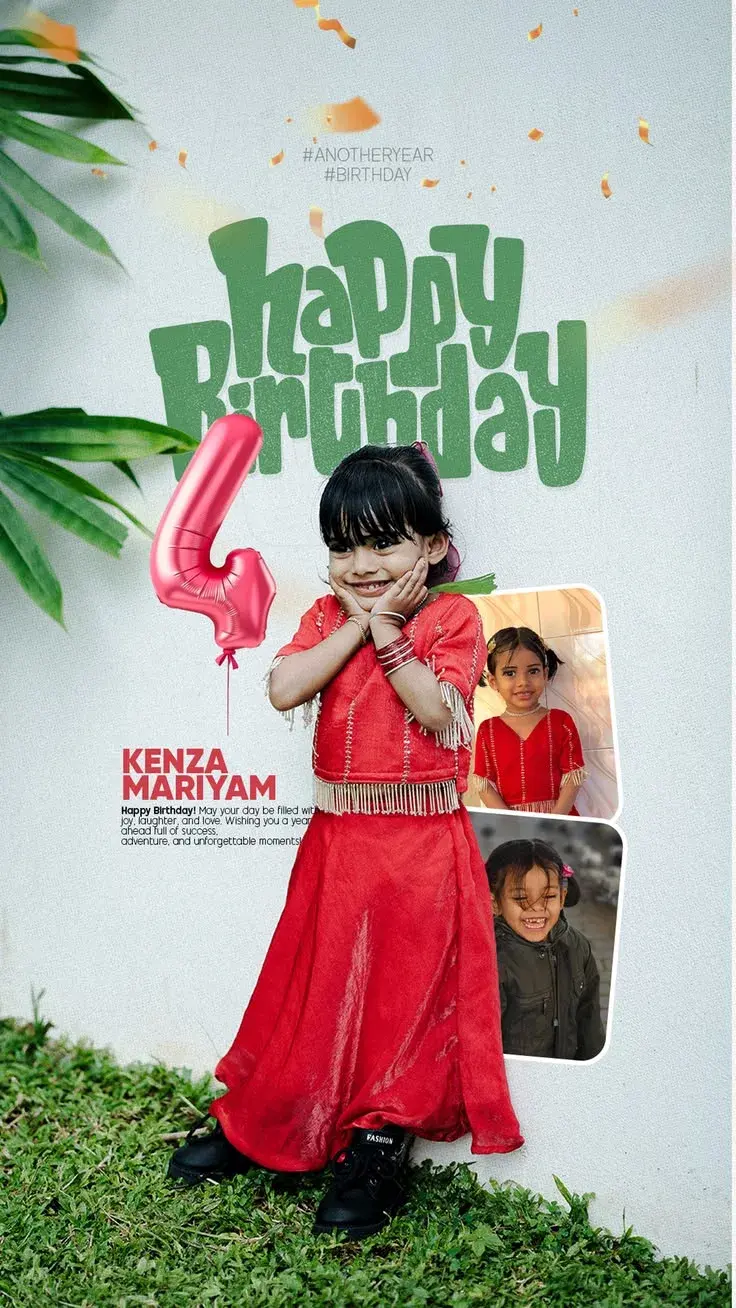 Festive 4th Birthday Graphic Poster Of Young Girl In Red Ethnic Dress