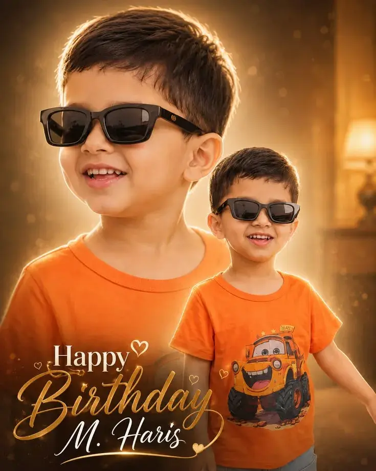 Festive Double-Exposure Birthday Portrait Of Happy Young Boy In Sunglasses And Orange T-Shirt