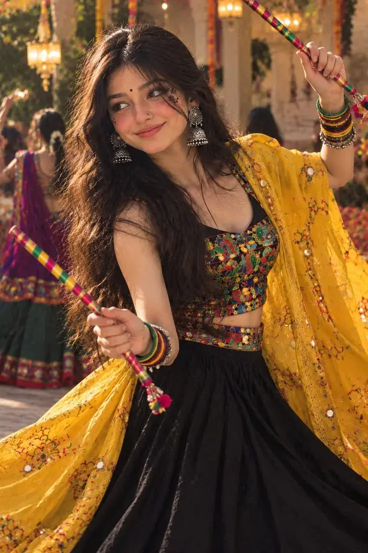 Festive Navratri Garba Portrait Of Young Woman Dancing With Dandiya Sticks In Black And Yellow Chaniya Choli