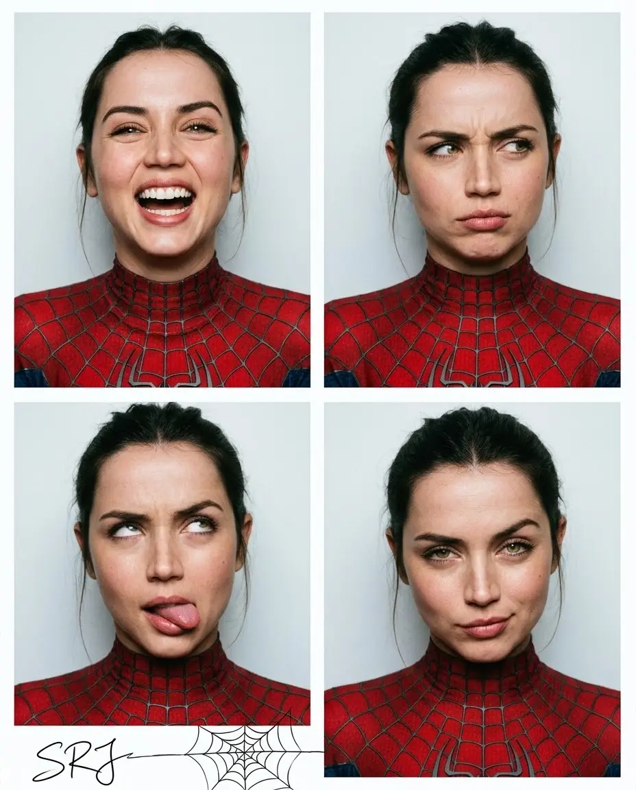 Four Snapshots Of The Girl With Cute Facial Expressions. Spider Costume