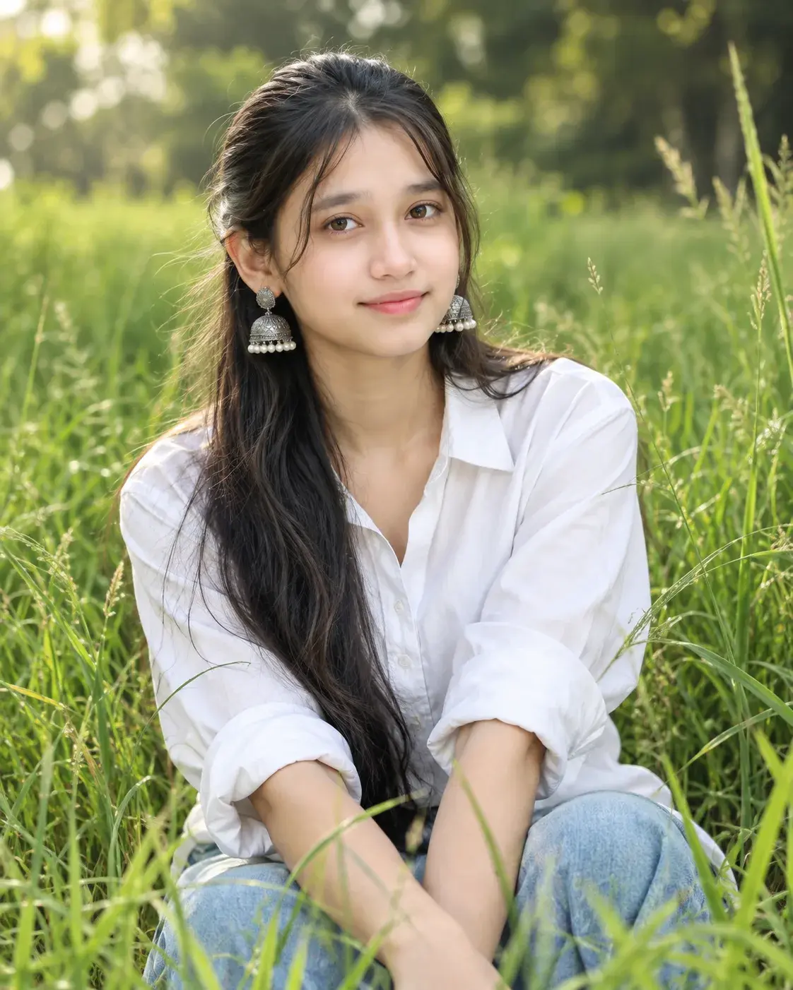 Fresh Portrait Of A Young Woman In White Shirt Sitting In A Green Grass Field