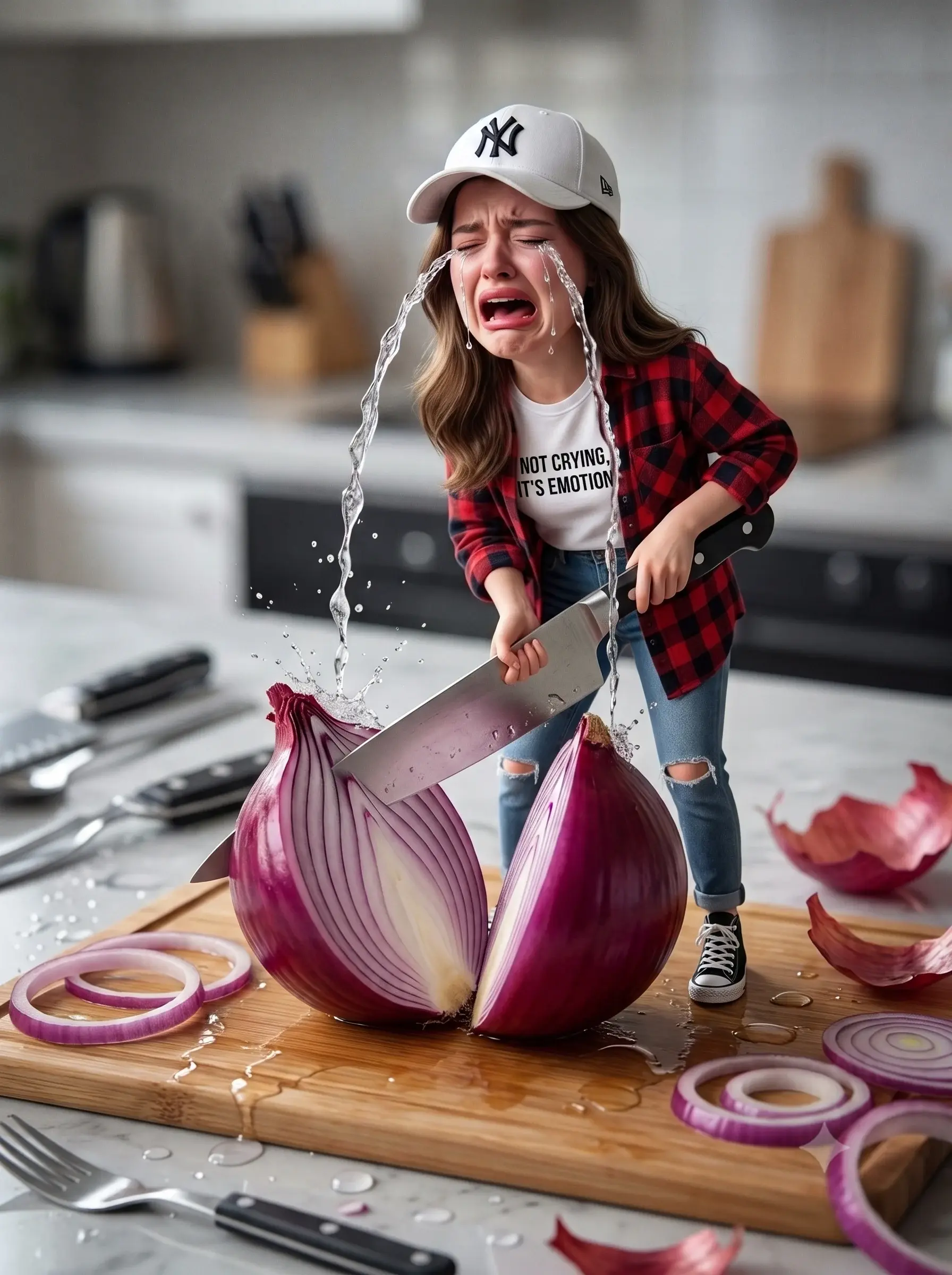 Funny Tiny Woman Crying Cutting Onion Photo Prompt