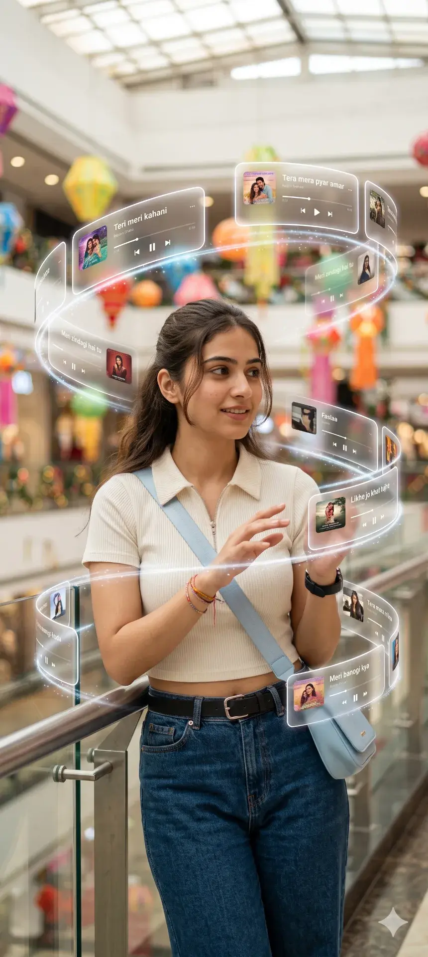 Futuristic Holographic Music Helix: Young Woman In Mall Setting