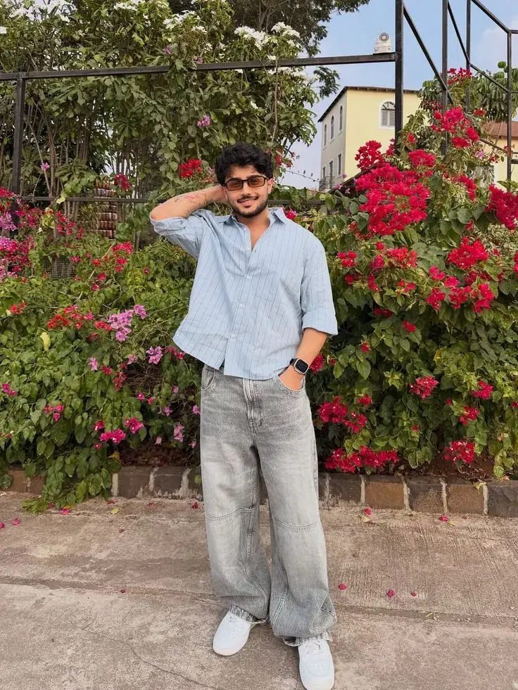 🌸💙 Garden Portrait Vibes | Sky Blue Shirt, Wide Jeans & Bougainvillea Garden 🌿🌺✨