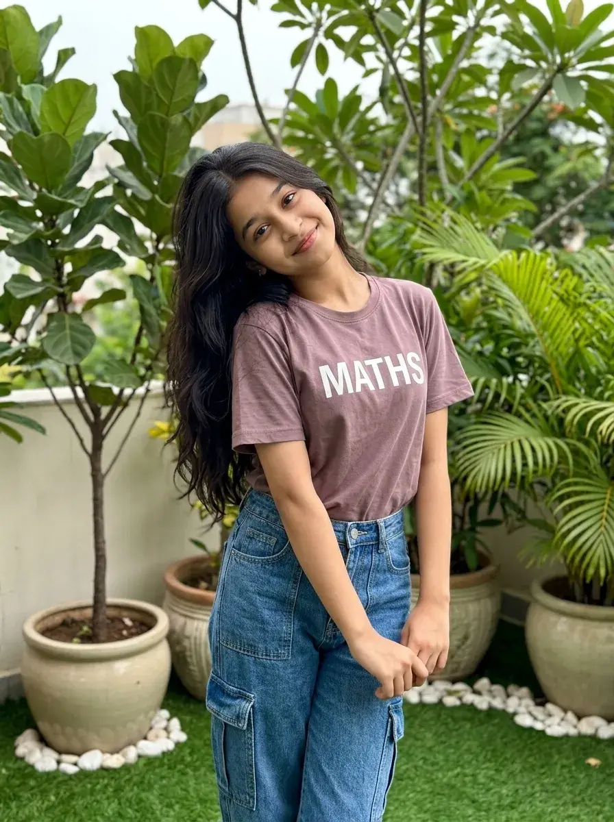 Garden Terrace Female Portrait In Mauve Maths Tee & Blue Cargo Jeans Prompt