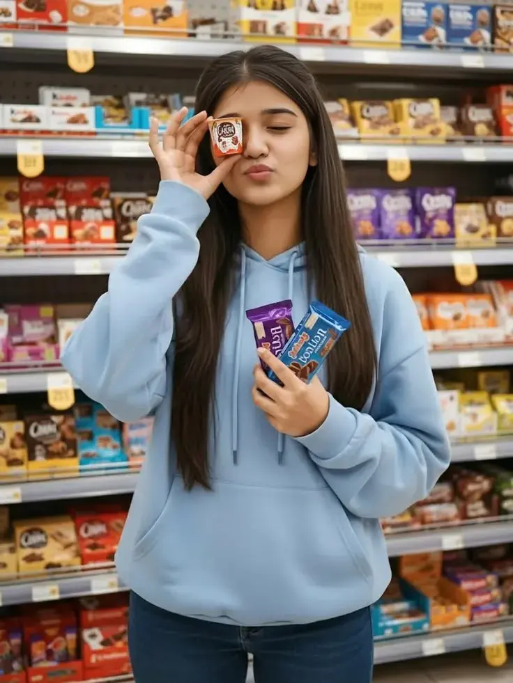 Girl In Blue Hoodie Eating Chocolate In Supermarket