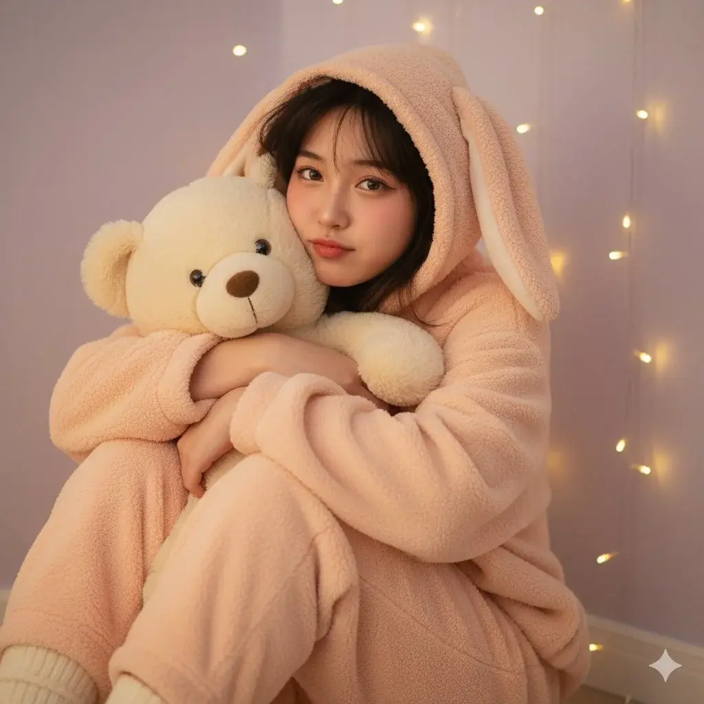 Girl In Light Peach Pink Loose Fluffy Pajamas