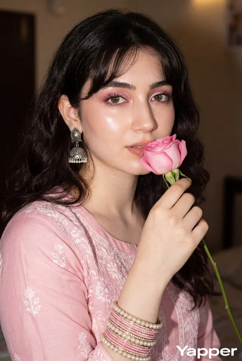 Glamorous Portrait With Pink Rose And Traditional Outfit