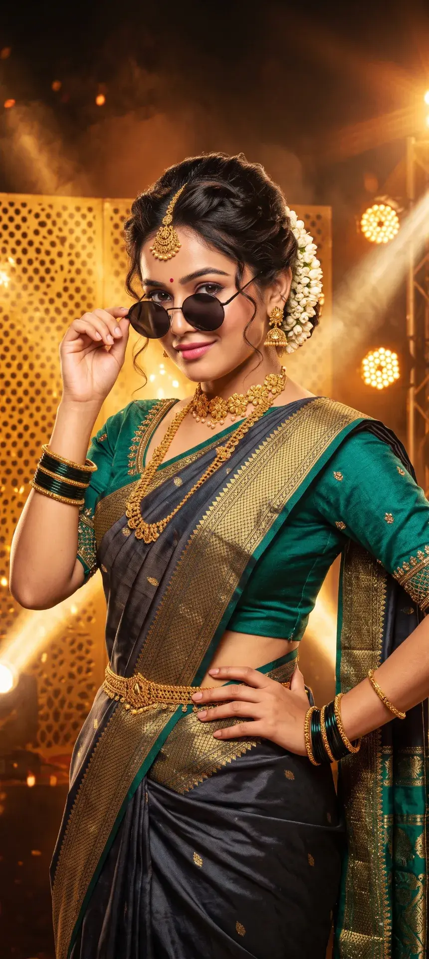 Glamorous Traditional Fusion: Young Woman In Saree With Round Sunglasses And Golden Stage Backdrop