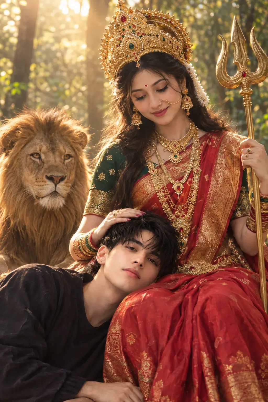 Goddess Durga Blessing Devotee In Forest