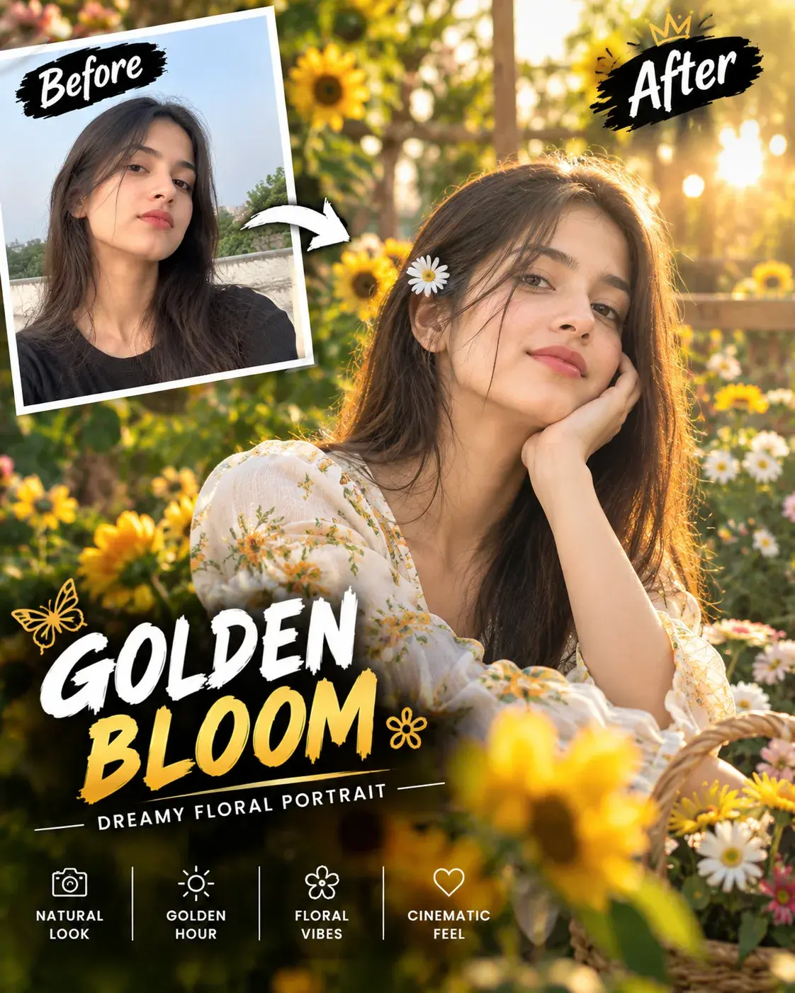 Golden Bloom 🌼 | Dreamy Floral Portrait
