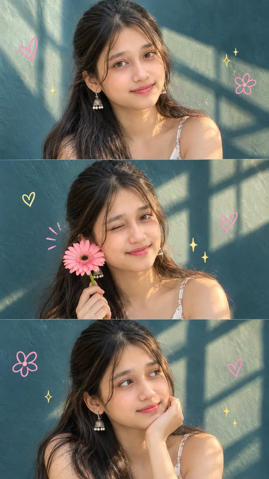 Golden Hour 3-Panel Portrait Of A Young Woman With Pink Gerbera Flower
