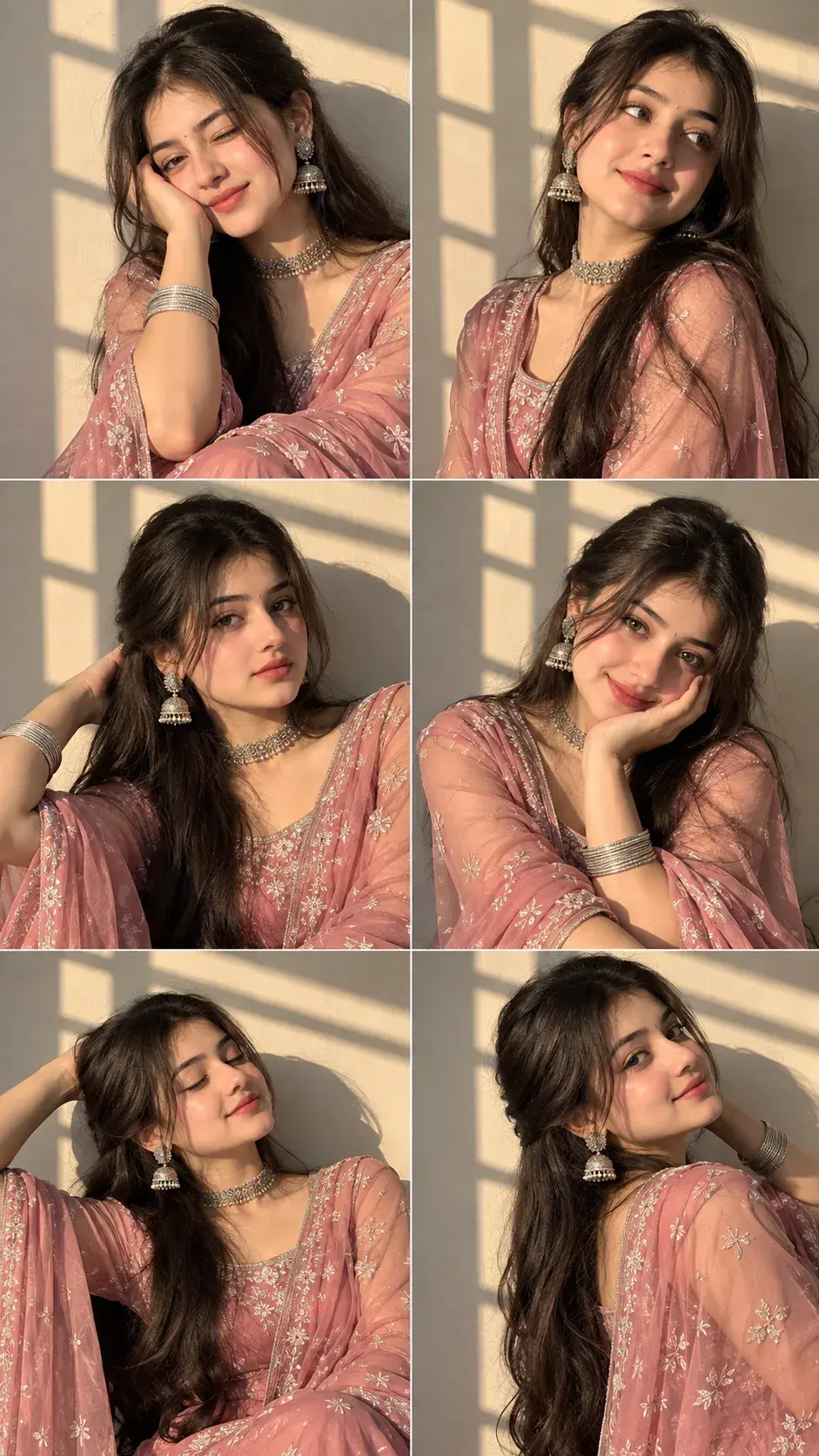 Golden Hour 6-Panel Portrait Collage Of A Woman In Dusty Pink Ethnic Suit 🌸