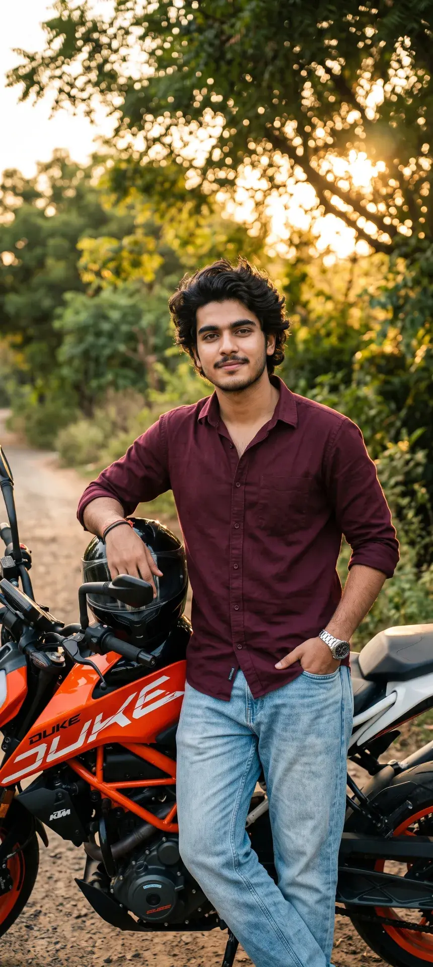 Golden Hour Biker Portrait: Young Man With Ktm Duke Motorcycle