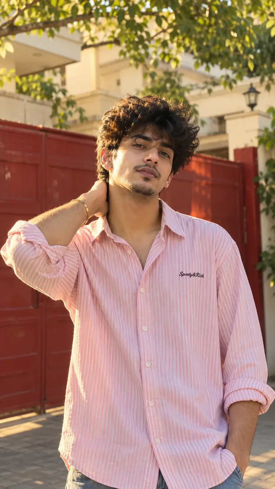 Golden Hour Elegance ☀️ | Pink Striped Shirt Portrait