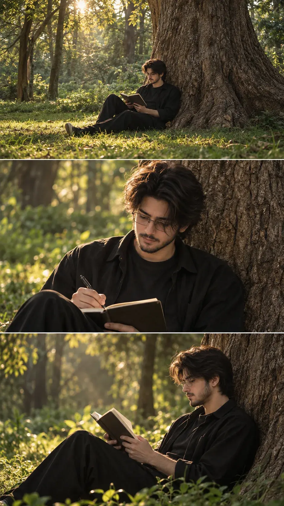 Golden-Hour Forest Reading Triptych