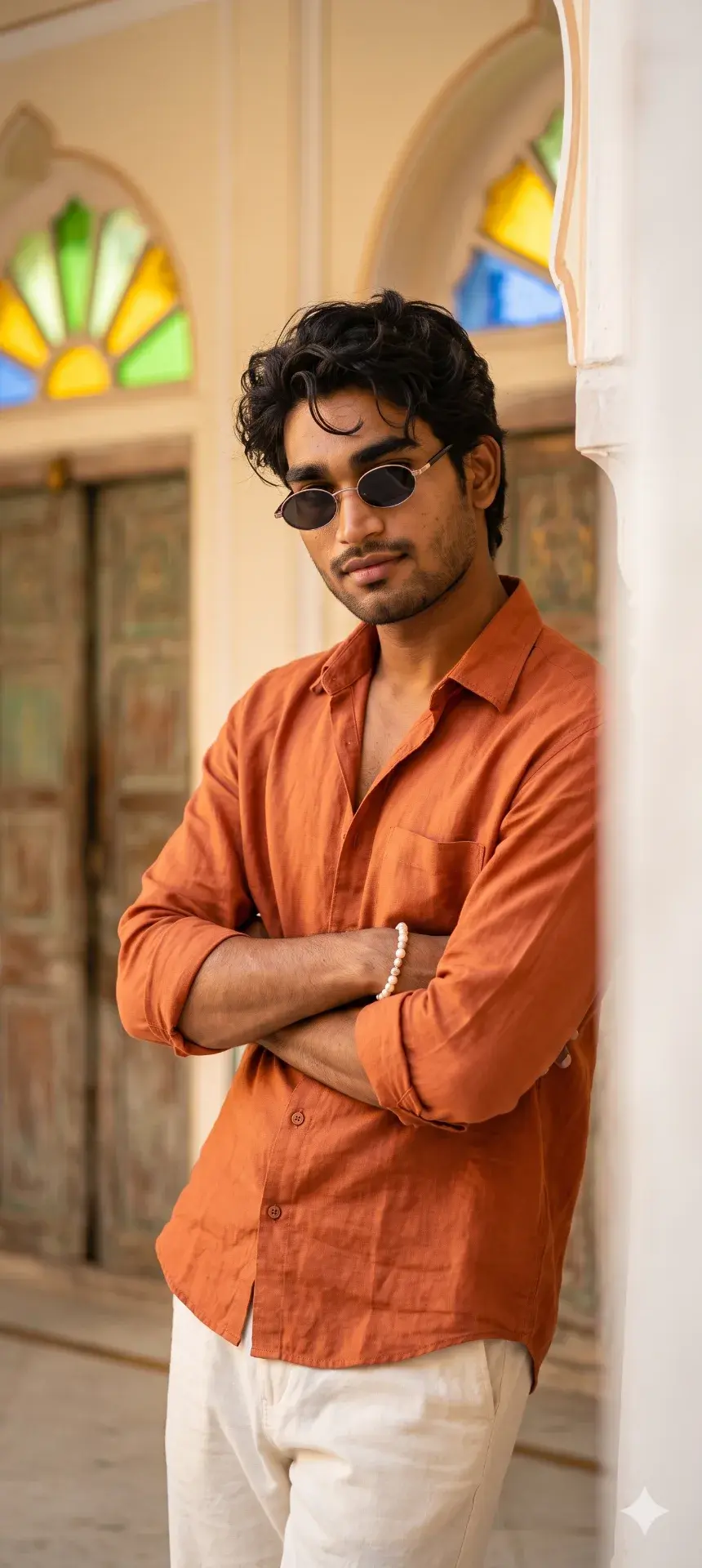 Golden Hour Heritage Portrait: Stylish Young Man In Terracotta Shirt