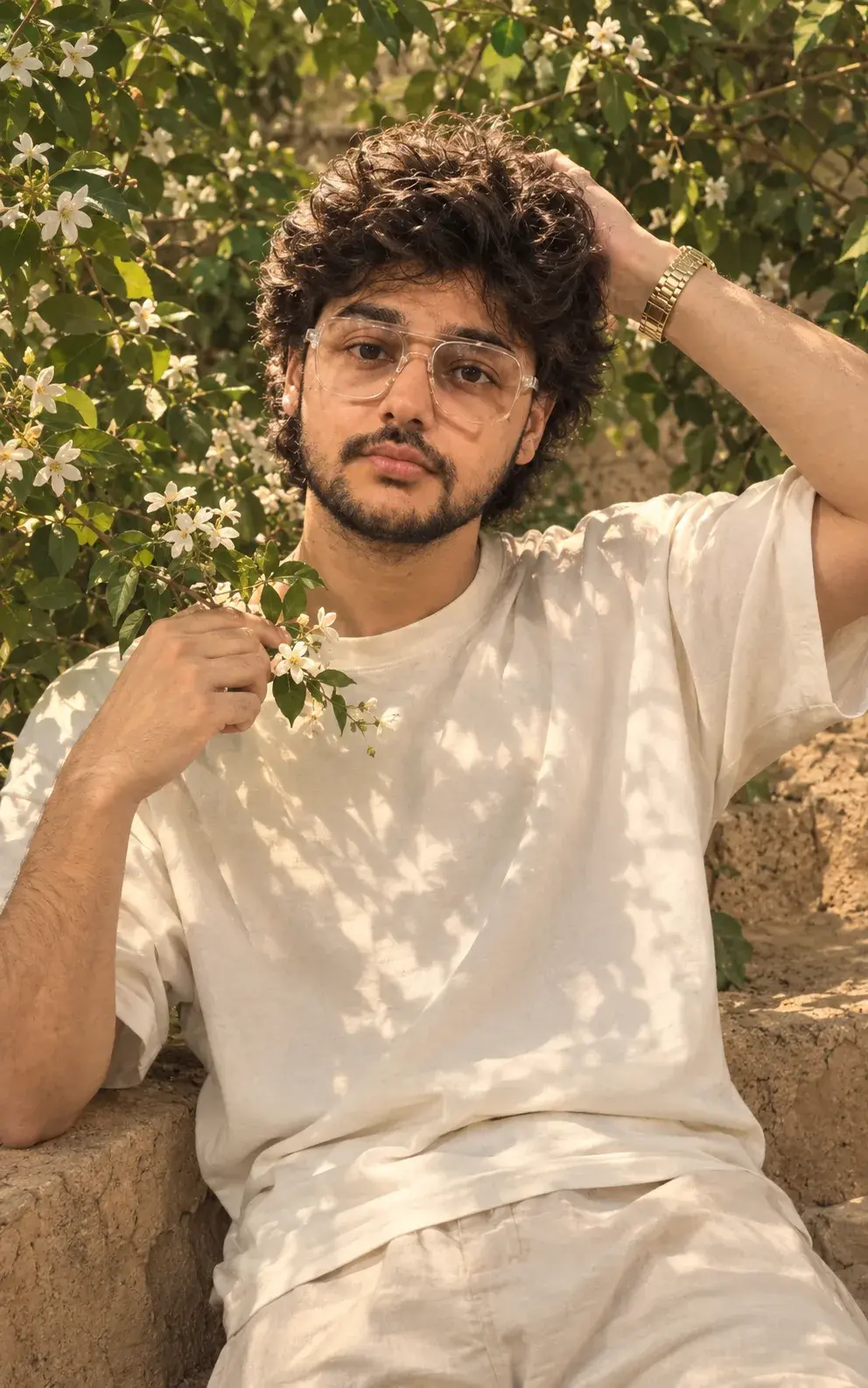 Golden-Hour Jasmine Garden Portrait.