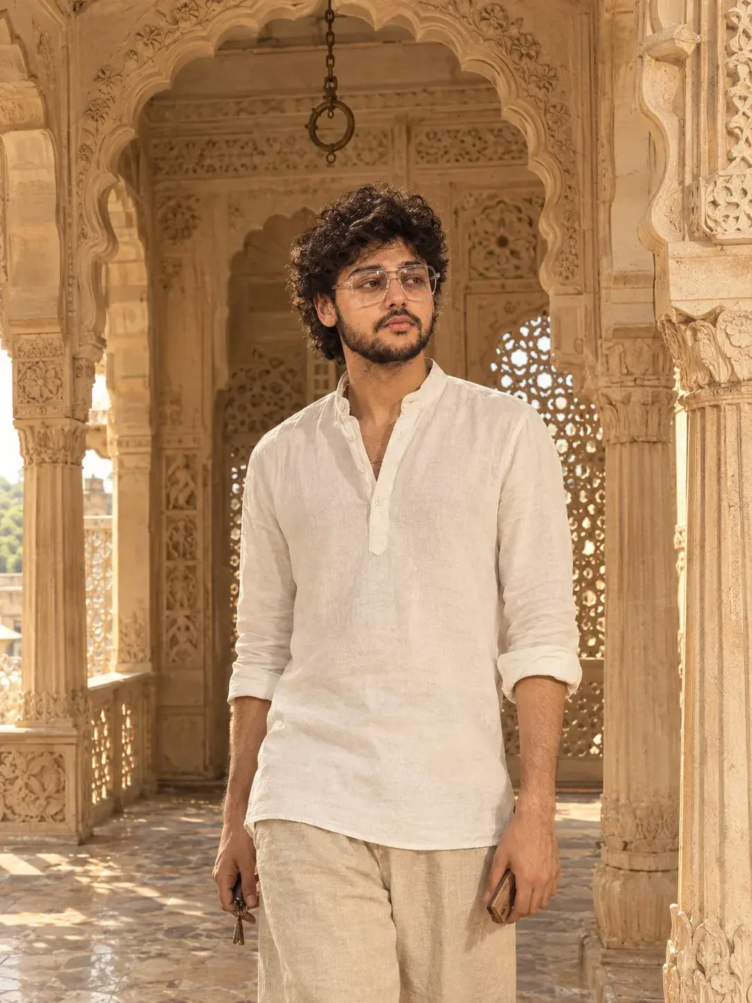Golden-Hour Palace Portrait With Warm Skin Tones, Shallow Depth Of Field, Indian Heritage.