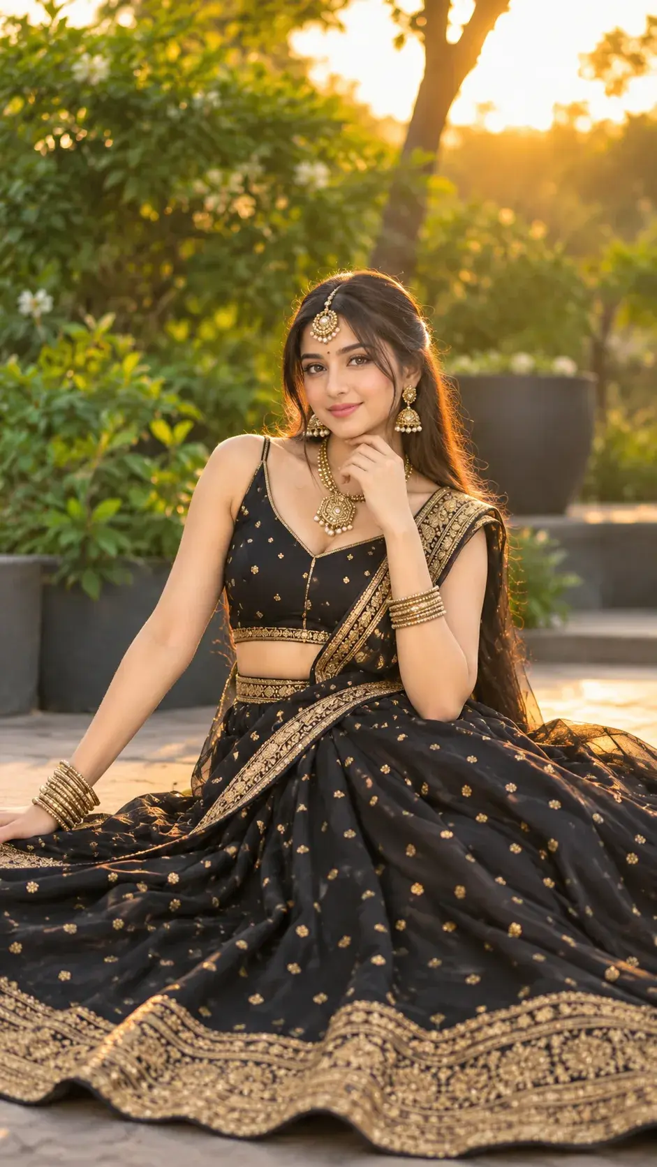 Golden Hour Portrait Of A Woman In Black And Gold Lehenga ✨🖤